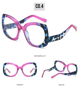 Three-view display of cat-eye frames with pink and blue marble pattern textures