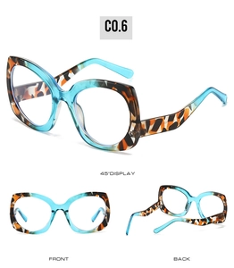Three-way view of blue leopard print cat-eye sunglasses frames showing the detail