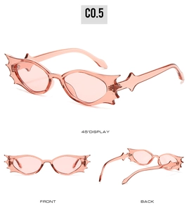 Three-view layout of pink translucent bat-wing sunglasses in Y2K hip-hop style
