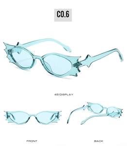Detailed views of light blue batwing sunglasses in 45-degree, front, and back angles
