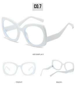 Three-angle views of trendy white oversized butterfly sunglasses with clear lenses