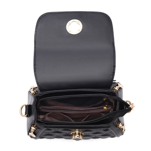 Quilted shell-shaped shoulder bag in black with multi-compartment interior and gold hardware