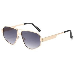 Polygon aviator sunglasses with gold metal frame and gradient grey lenses for driving