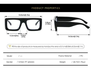 Detailed size specifications for square thick frame glasses showing lens and bridge width