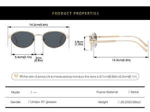 Detailed dimensions and properties of metal oval sunglasses with 28.2g lightweight frame