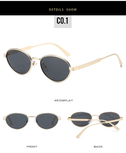 Three-view detail of vintage oval metal sunglasses with gold frames and dark gray lenses