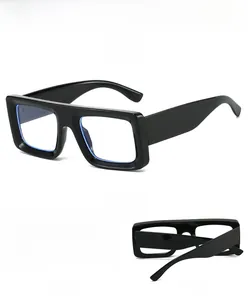 Multiple views of thick black square frame glasses with anti-blue light clear lenses