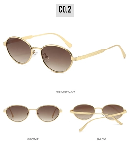 Three-angle views of vintage oval sunglasses with gold frames and brown gradient lenses