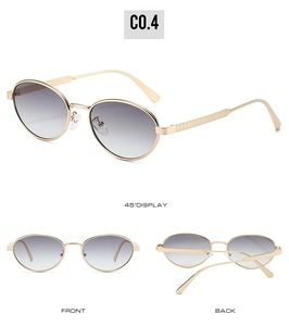 Three views of oval frame sunglasses featuring gold woven metal arms and gradient lenses