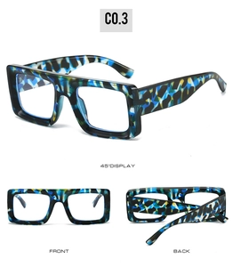 Detailed views of square bold eyeglasses frame with blue and yellow tortoiseshell pattern