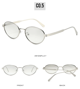 Detailed views of silver oval metal sunglasses with front, back, and 45-degree angle display