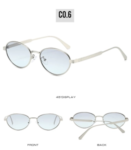 Detailed three-view of silver oval sunglasses with blue lenses and engraved temples