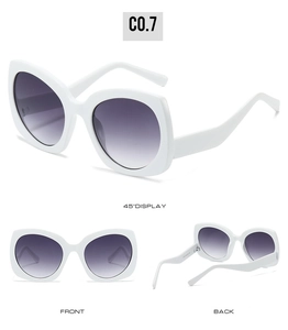 Vista de tres ángulos de gafas de sol de mariposa blancas con lentes de degradado púrpura