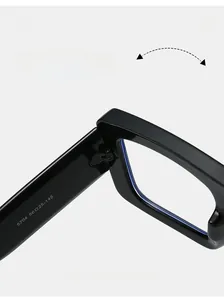 Detail of durable texture hinge and printed size specs on black square glasses frames