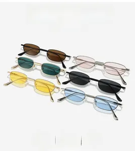Detailed view of oval vintage sunglasses in six diverse colors with slim metal frames