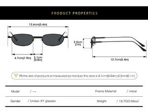 Detailed size chart for retro narrow oval metal sunglasses with dimensions in cm and inches