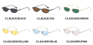 Six colors of retro oval metal sunglasses including black, tea, green, blue and pink lenses