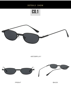 Detailed views of vintage oval sunglasses with thin black metal frame and polarized lenses