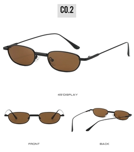 Three-view perspective of vintage oval polarized sunglasses with black metal frames