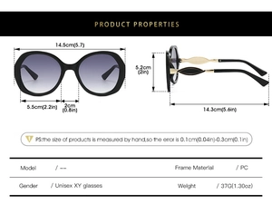 Detailed dimension guide for black retro oversized sunglasses with purple gradient lenses