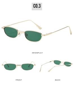 Three perspectives of oval gold metal sunglasses with dark green lenses on white background