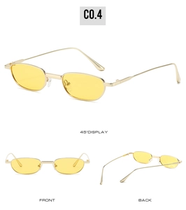 Three perspectives showing yellow oval lenses and minimalist metal gold frame sunglasses