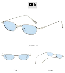 Detailed multi-angle views of silver metal oval sunglasses with light blue lenses