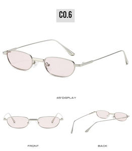 Multiple views of small oval sunglasses with silver metal frame and pink lenses