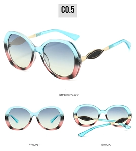 Three-view display of gradient blue to pink oversized round frame glasses with gold accents