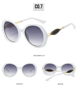 Detailed views of white oversized sunglasses with purple gradient lenses and gold accents