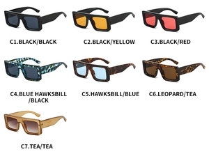 Detailed overview of wide-frame rectangular sunglasses in seven fashion-forward color variants