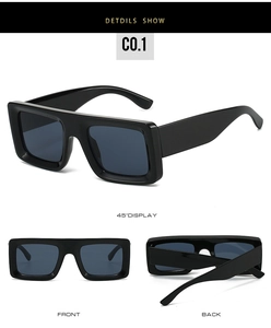 Detailed views of wide-leg rectangular sunglasses in glossy black from multiple angles