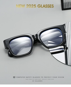 Detail of black square frames with blue light blocking lenses and metal hinge on 5703 glasses