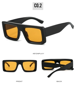 Three-angle view of wide-frame black sunglasses with transparent orange lenses