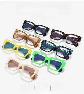 Detailed side view of thick square frames in seven trendy colors including amber and green