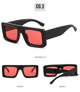 Multi-angle view of wide-leg square sunglasses with black frame and red lenses