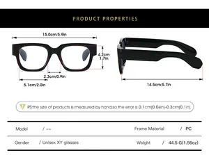 Size guide for PC frame glasses with detailed measurements and technical specifications