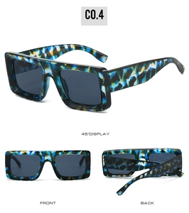 Detailed views of chunky square sunglasses with tortoiseshell frame and dark grey lenses