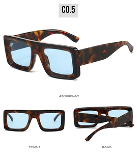 Detailed multi-angle views of tortoiseshell square sunglasses with blue lenses