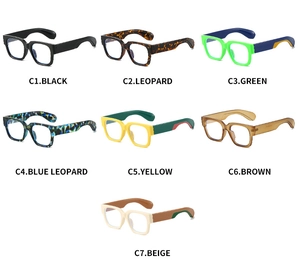 Multiple stylish thick frame eyeglasses in assorted solid, tortoiseshell and bicolor designs