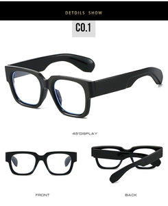 Three-angle views of chunky black retro glasses frames with blue light coating lenses