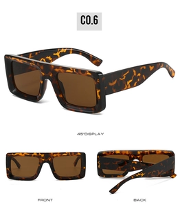 Three-angle display of leopard print square oversized sunglasses with amber lenses