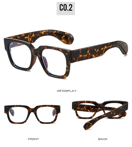 Three-angle view of tortoiseshell square frames showing front, back, and 45-degree side details