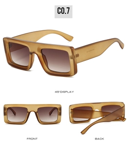Three views of amber oversized rectangular sunglasses with gradient brown lenses