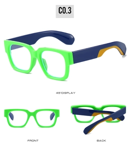 Three angles of bright green and deep blue eyeglass frames with yellow accents on white background