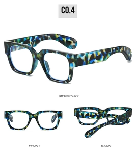 Multi-angle view of retro square blue and yellow tortoiseshell eyeglasses frames