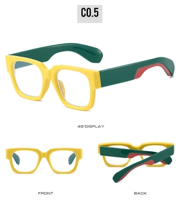 Three-angle view of retro square glasses in bold yellow and dark green color-blocking