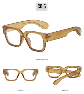 Multi-angle view of vintage amber square thick frame glasses with crystal texture details