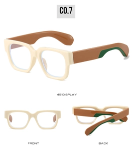 Detail view of cream vintage thick-frame glasses showing front, back, and 45-degree angles