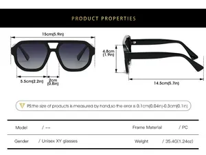 Detailed size guide for pilot sunglasses showing frame dimensions and technical specs